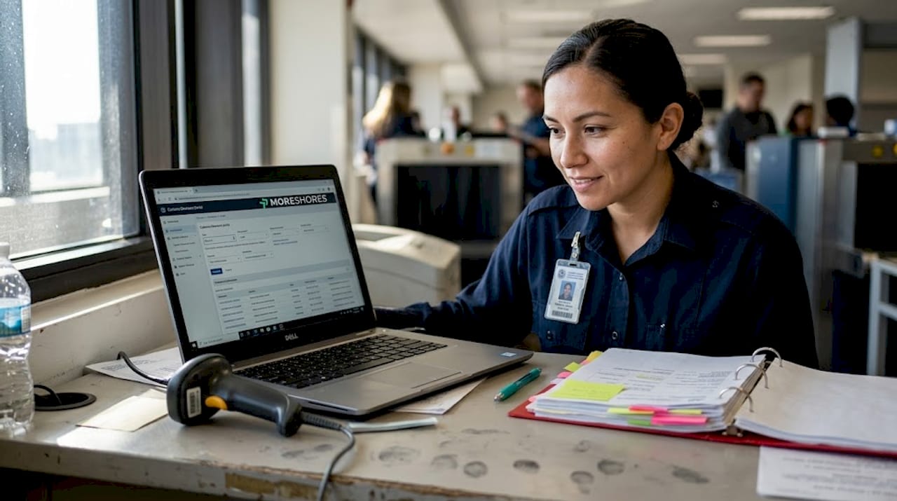 Customs officer reviewing digital clearance documents