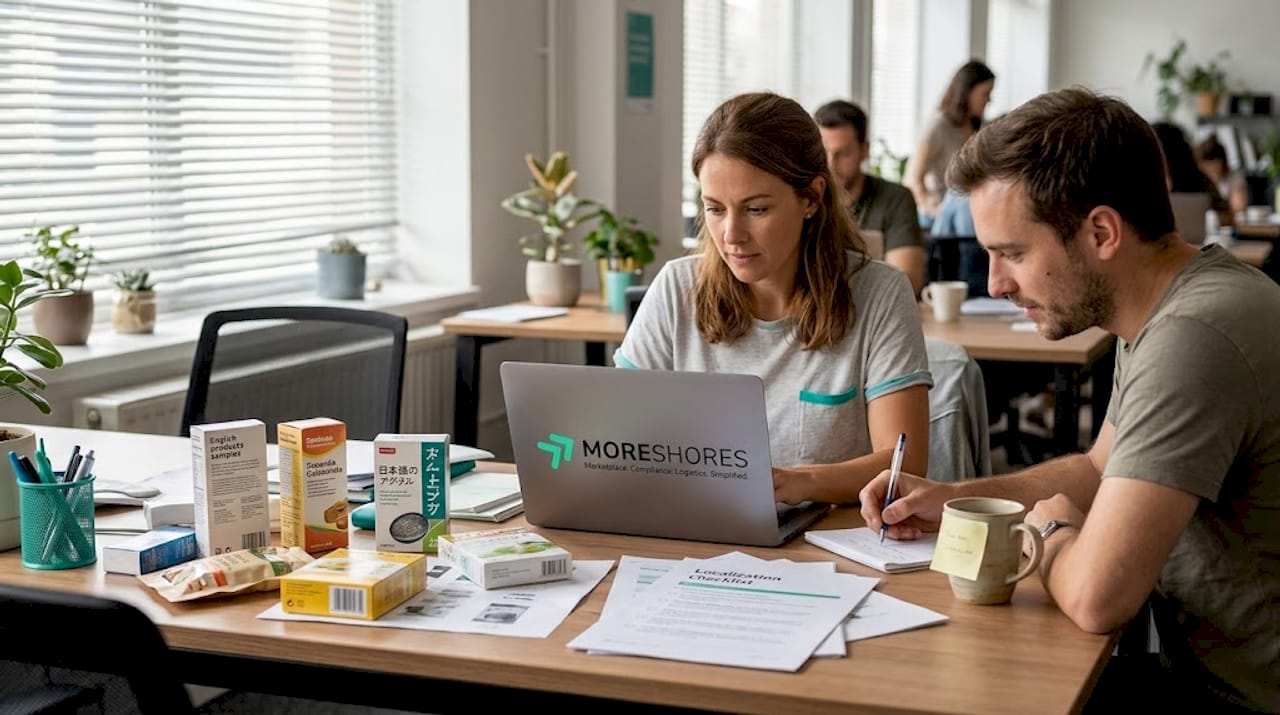 Coworkers localizing product listings at workspace