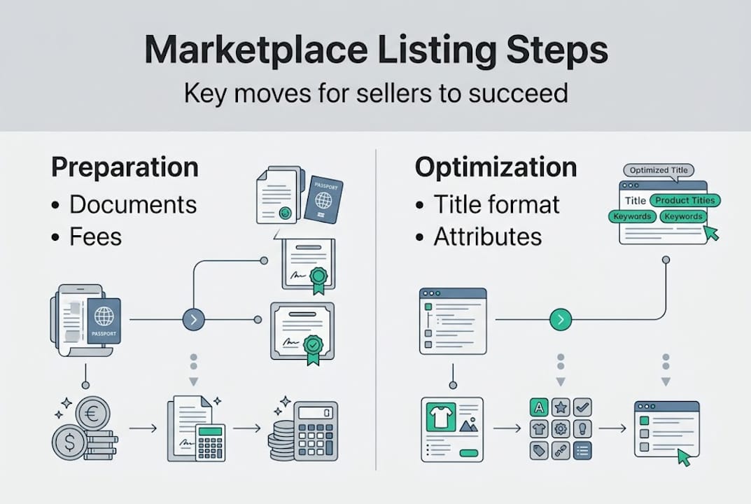 Infographic showing international marketplace listing steps
