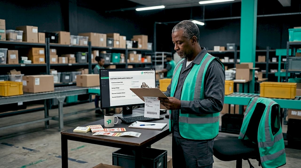 Logistics manager cross-checking compliance in warehouse