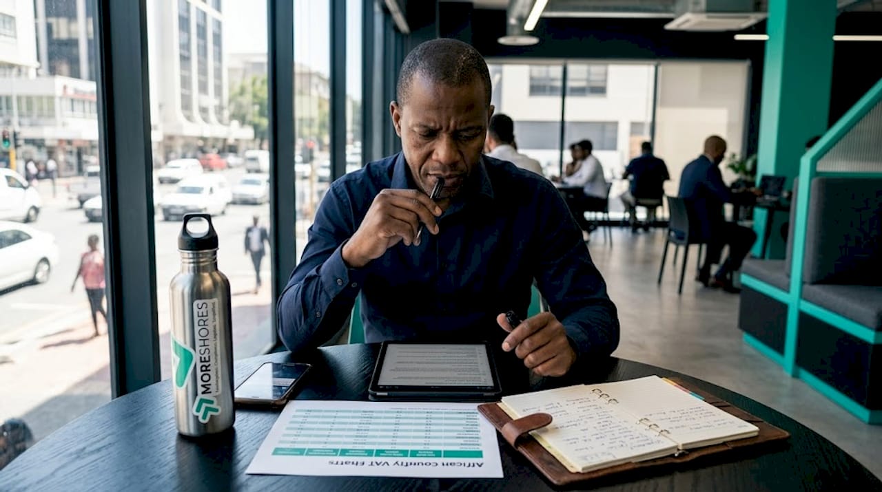 Man reviewing African VAT rules at coworking table