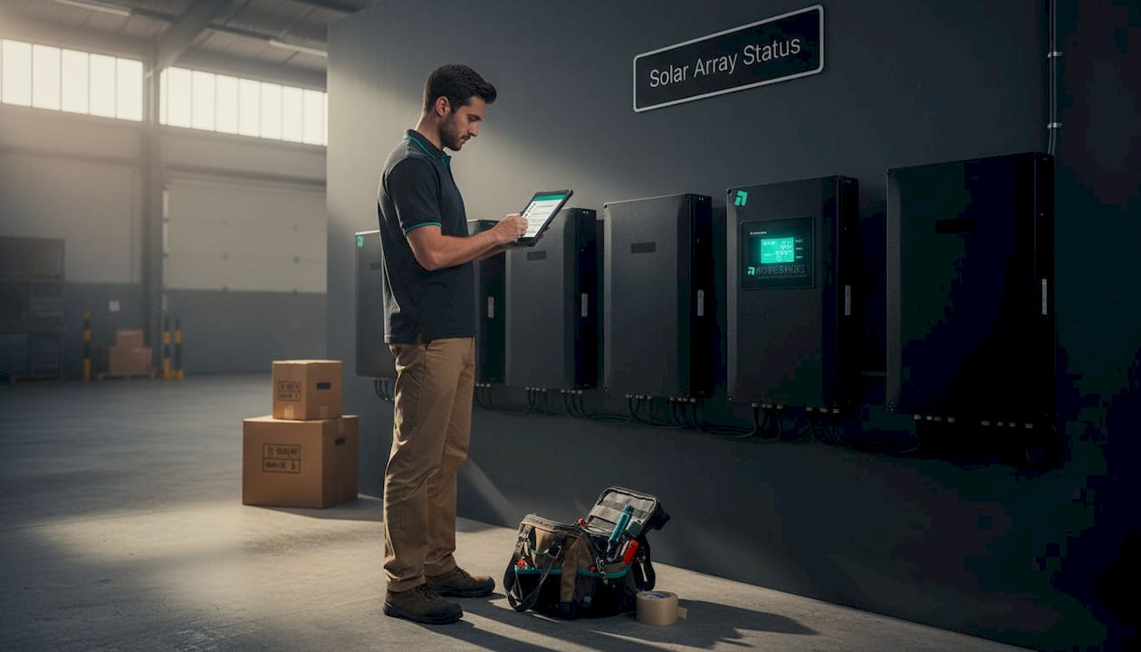 Technician checking solar systems in warehouse