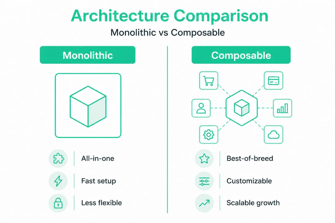 Infographic comparing monolithic and composable systems