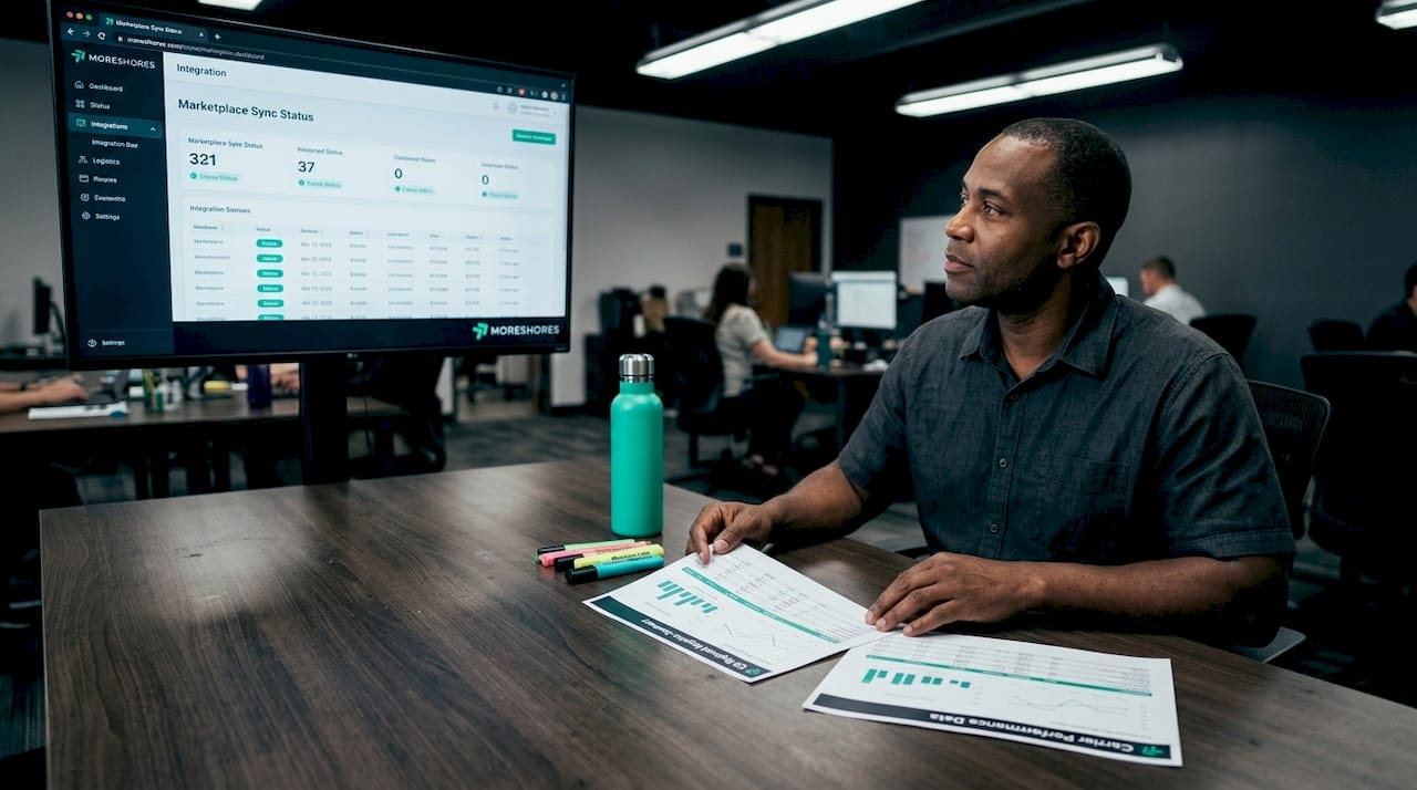 Manager comparing printed logistics reports at table