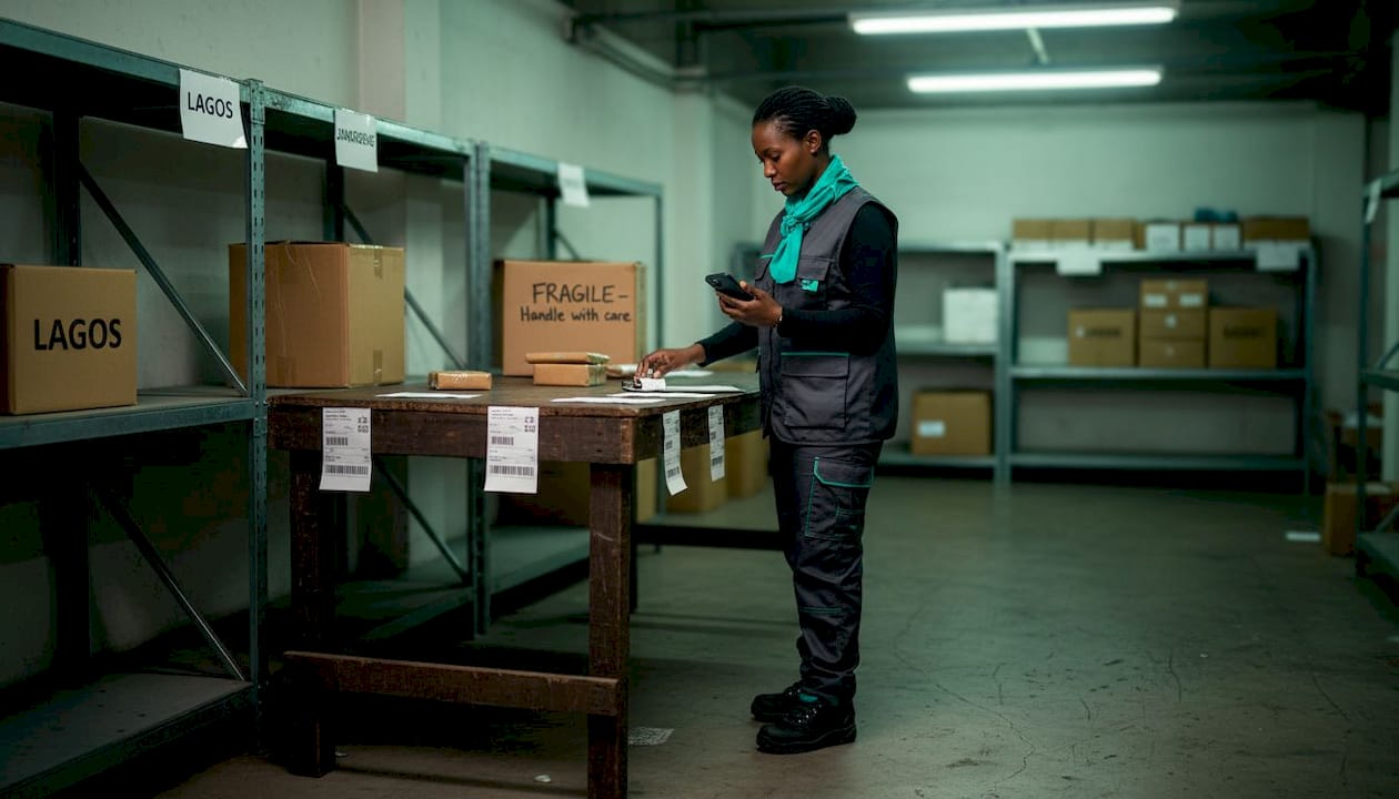 Coordinator sorting packages for Africa shipping