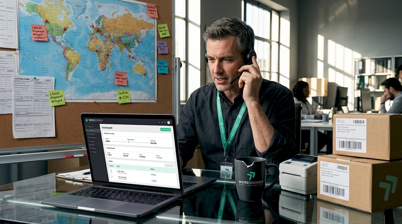 Logistics manager reviewing shipment dashboard