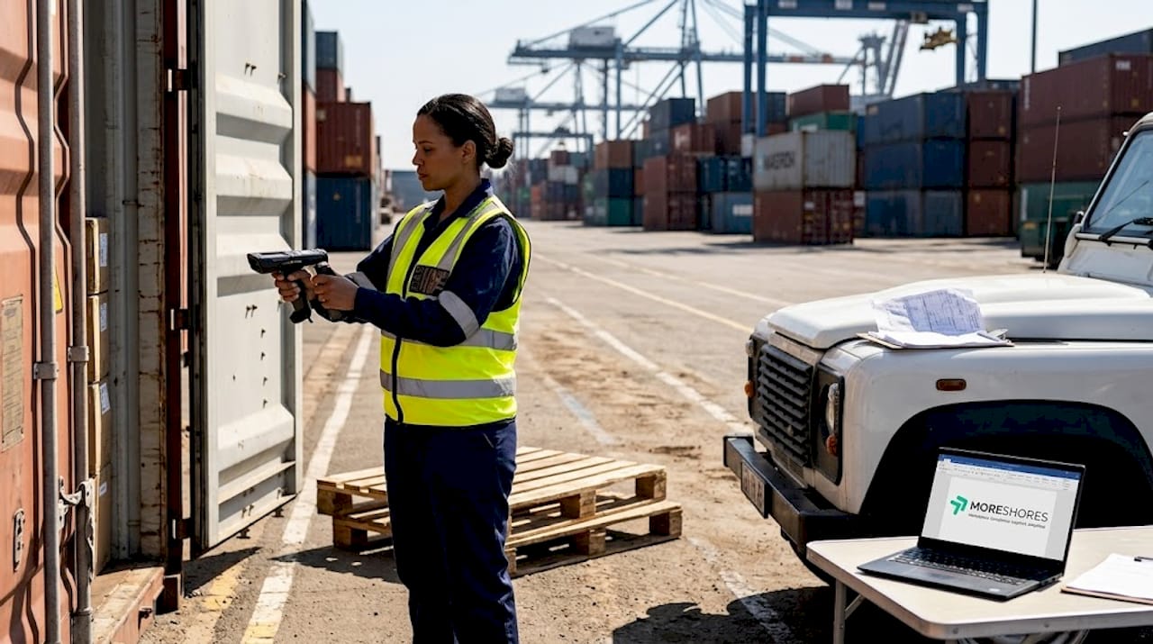 Customs agent scans packages at Durban port