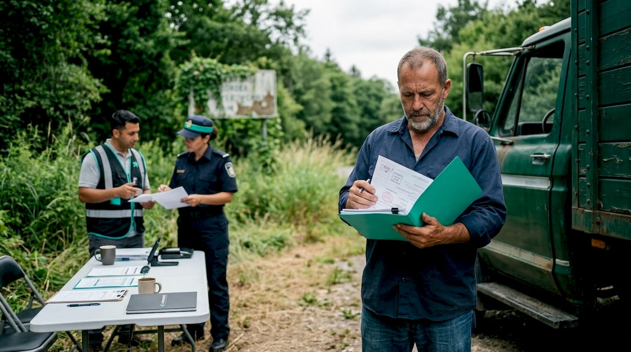 Truck driver checking paperwork at border checkpoint