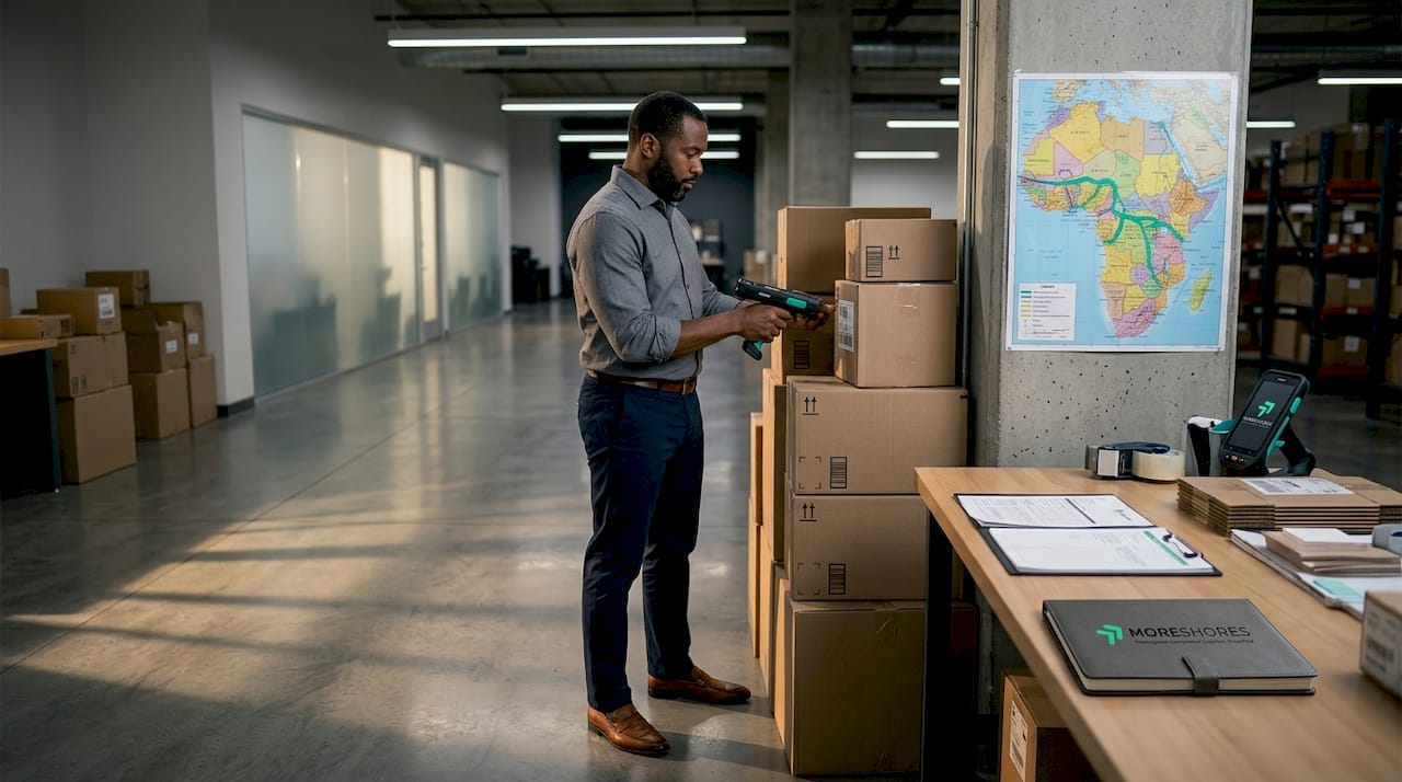 Warehouse manager scanning import shipment boxes