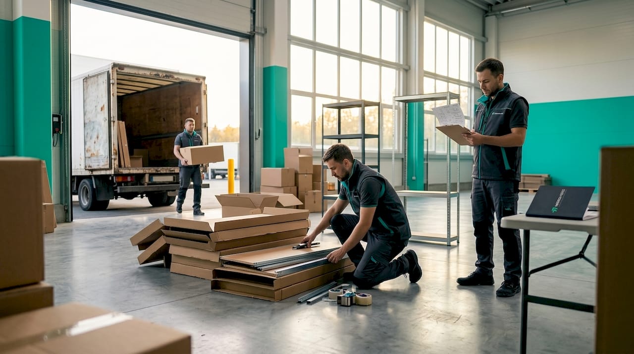 Warehouse staff setting up new logistics space