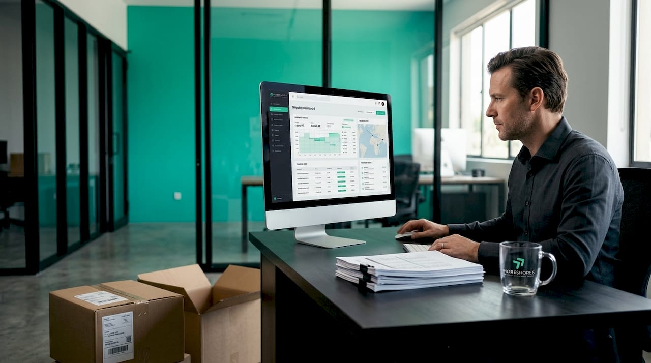Logistics manager working in cluttered office