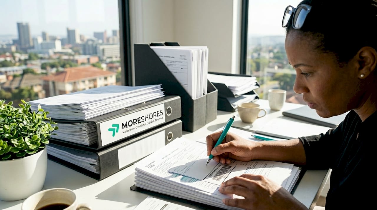 Woman organizing shipping papers for export