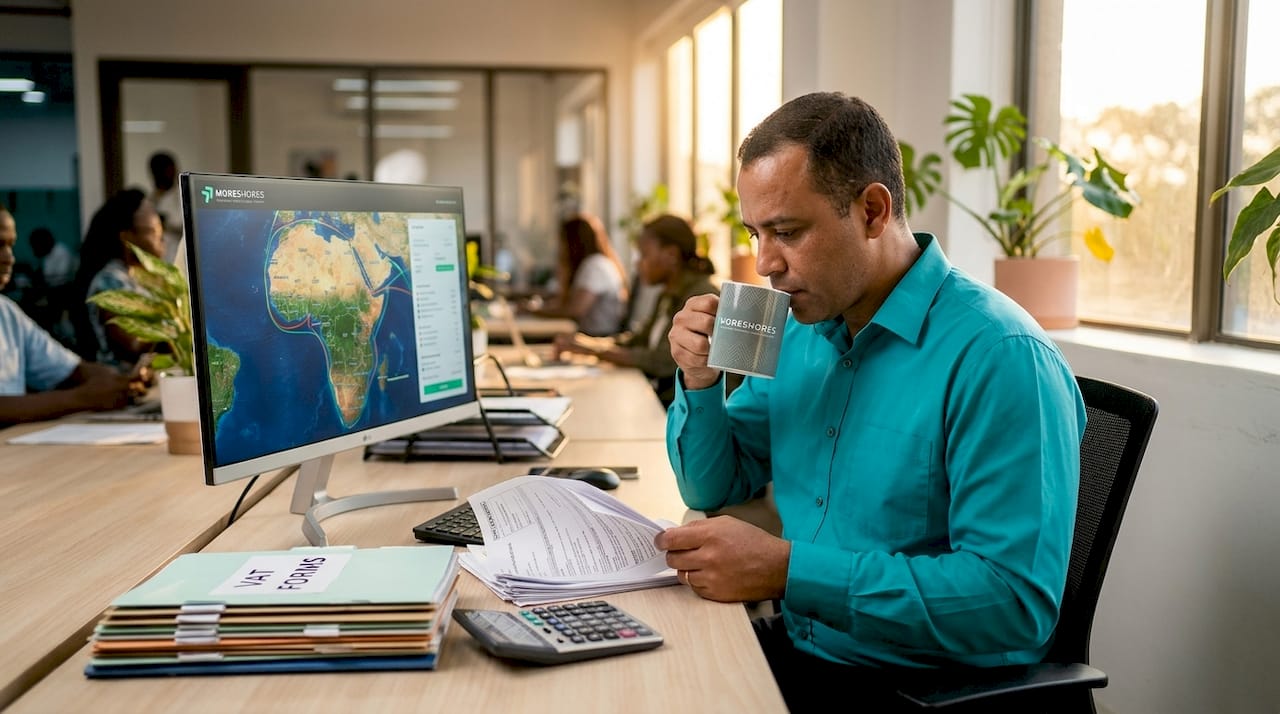 Logistics manager reviewing VAT forms at desk