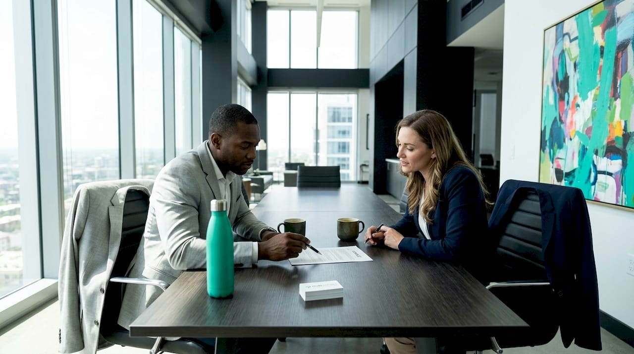 Managers negotiating partnership at conference table