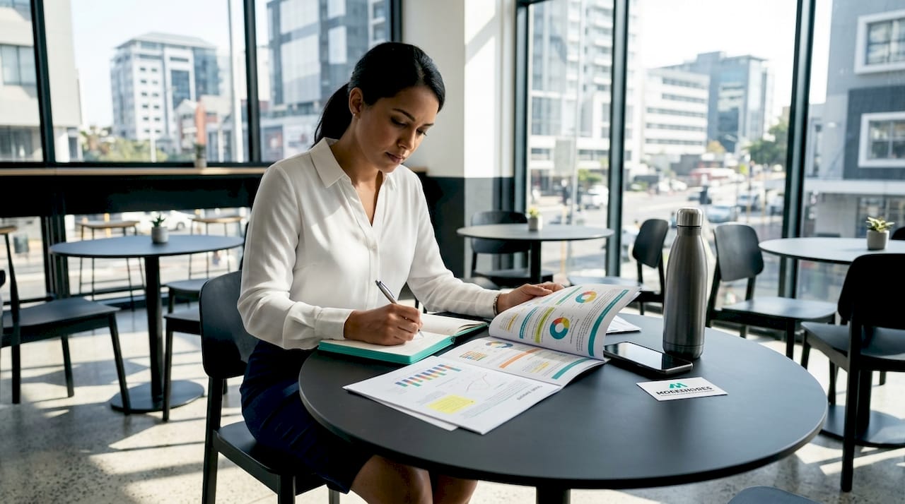 Analyst researching African market entry at office desk