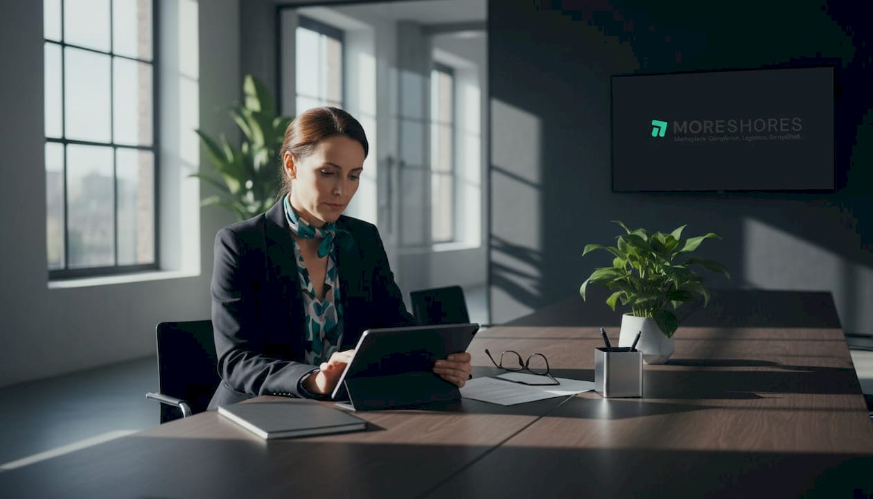 Compliance officer reviews export regulations at conference table
