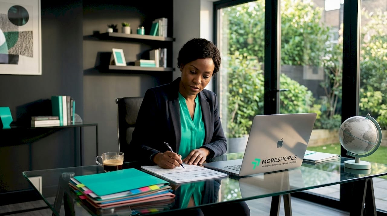 Manager checking customs documents at her desk