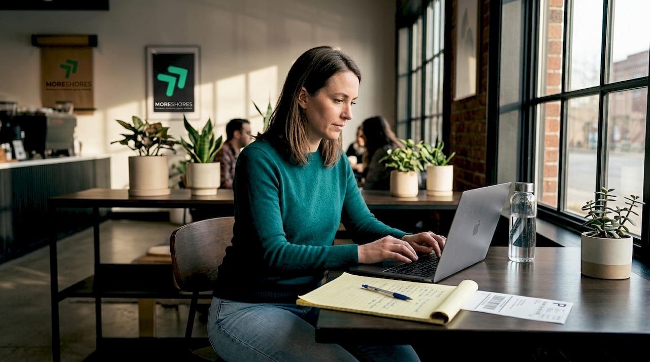 Entrepreneur reviews sourcing documents at coworking table
