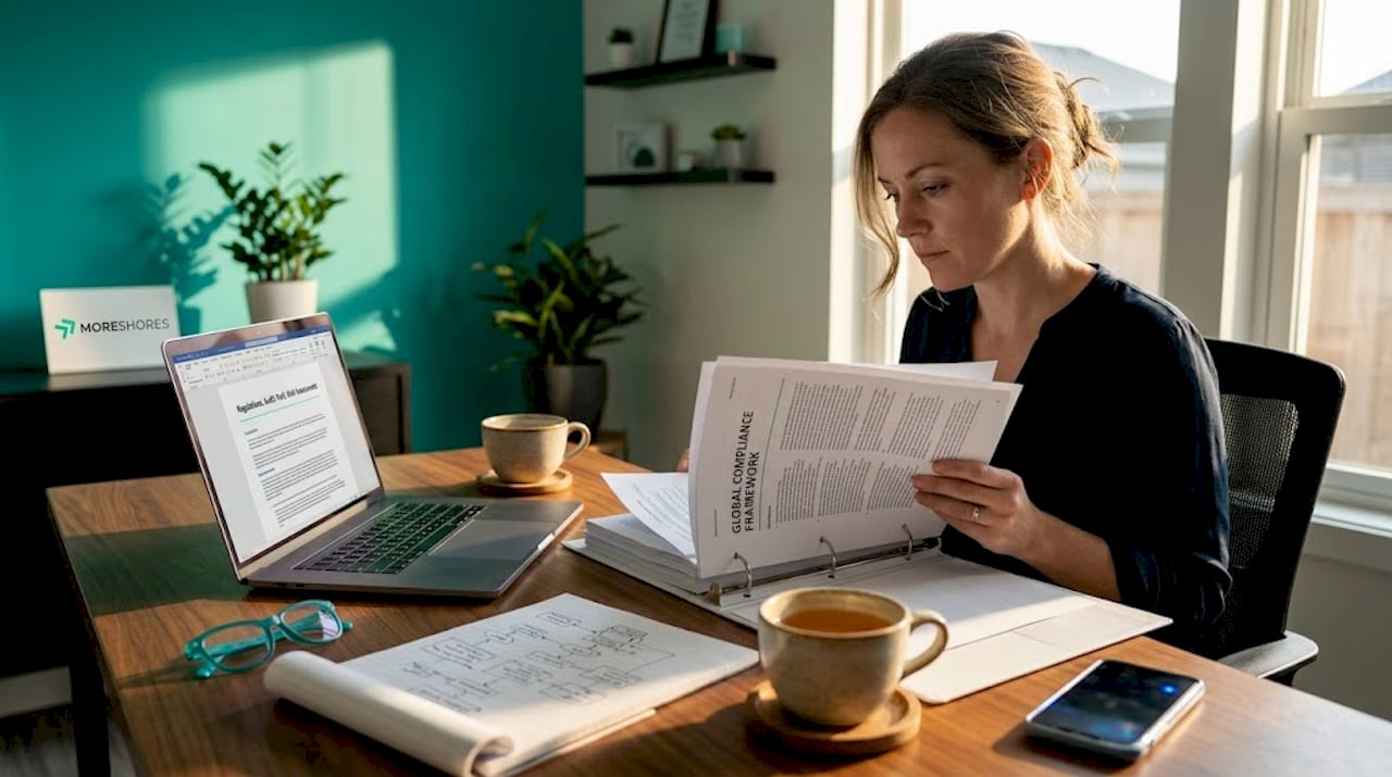 Compliance manager reviewing trade documents in office