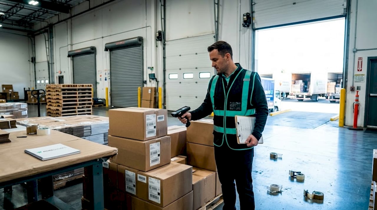 Warehouse staff scanning boxes during courier handoff