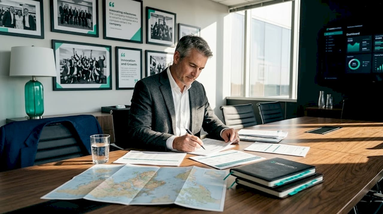 Executive reviewing trade documents in boardroom