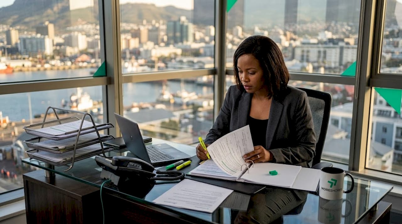 Businesswoman reviewing shipping compliance documents