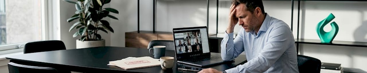 Manager handling customs issue call at conference table