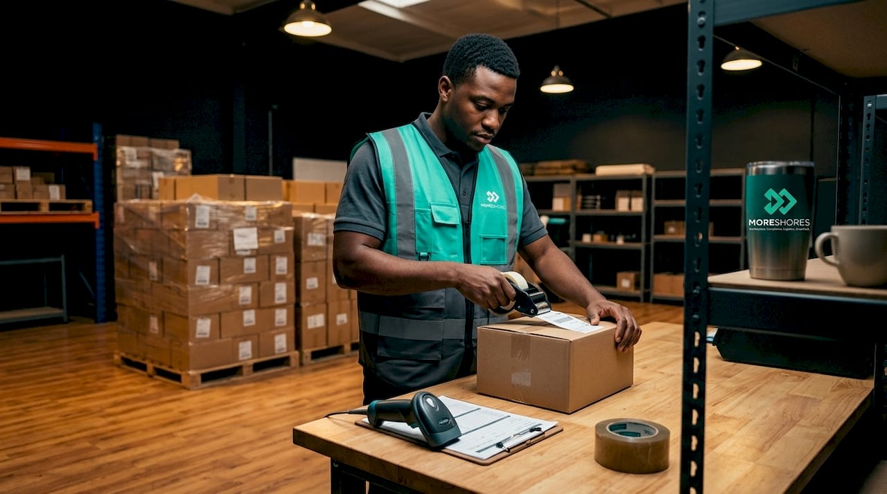 Worker verifying export packages in warehouse
