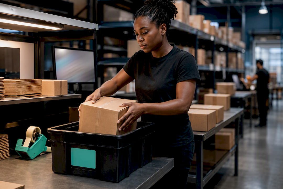 Operator handling cartons at fulfillment station
