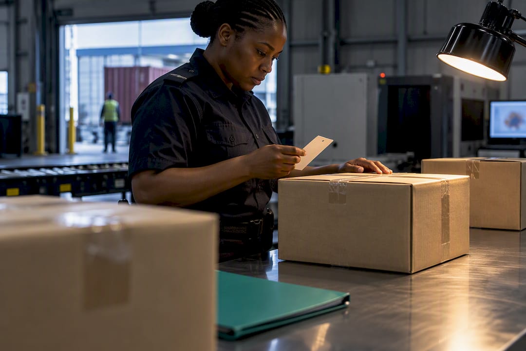 Customs officer inspecting shipment cartons