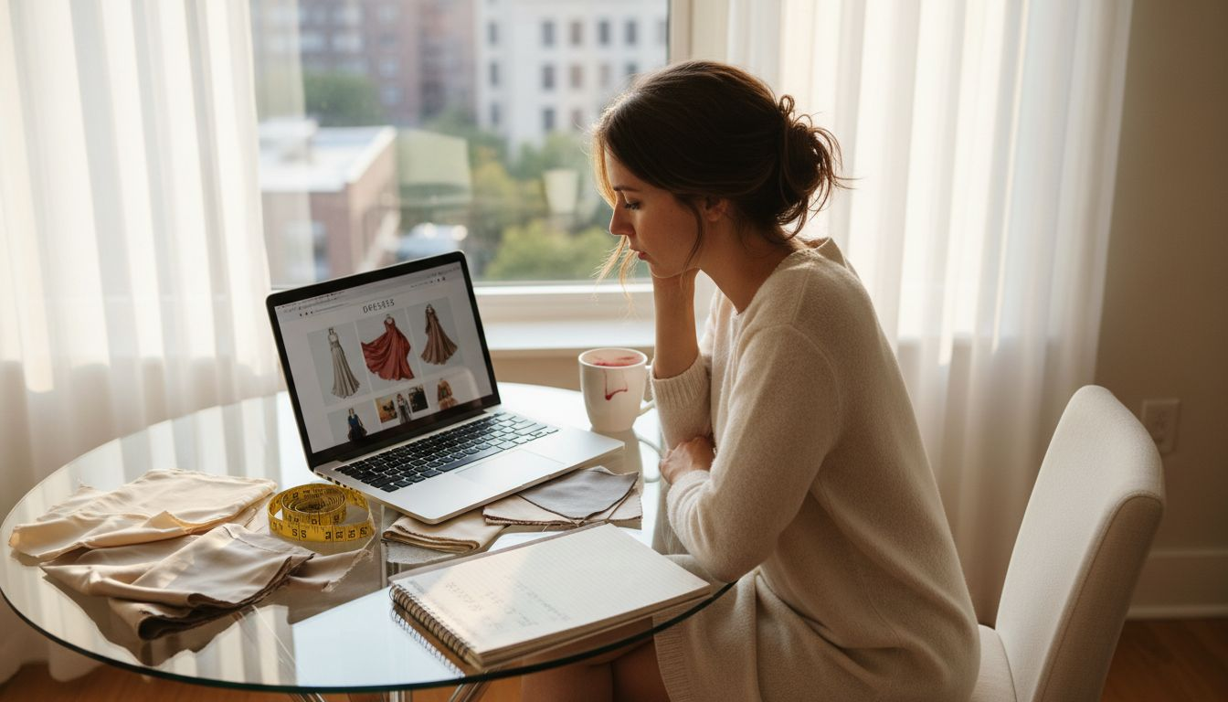 Woman browsing dresses online at kitchen table
