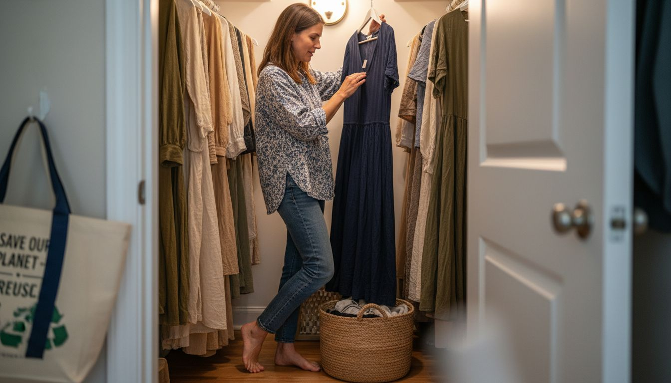 Woman checking dress label for sustainability