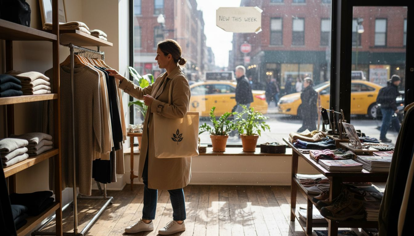 Woman browsing new clothing arrivals in boutique
