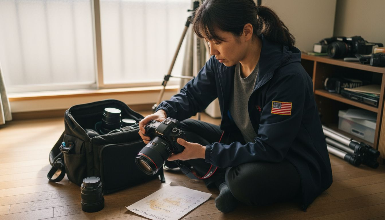 Photographer preparing camera gear with checklist