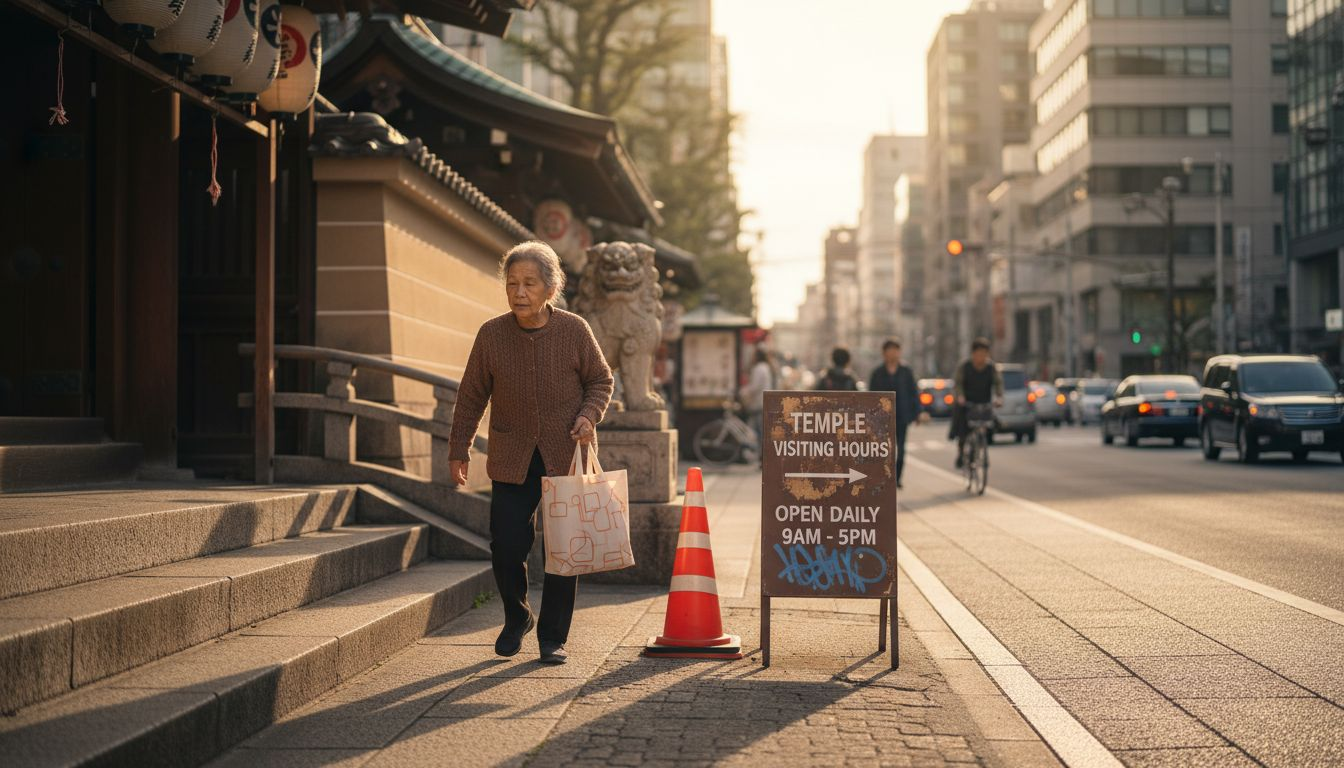 Woman passing temple in Kyoto city street