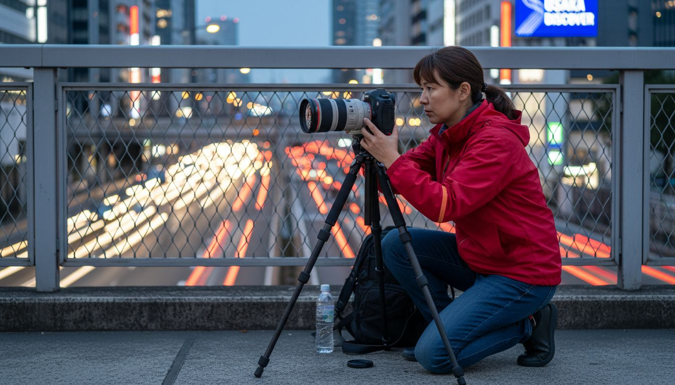 Woman setting up tripod on Osaka overpass