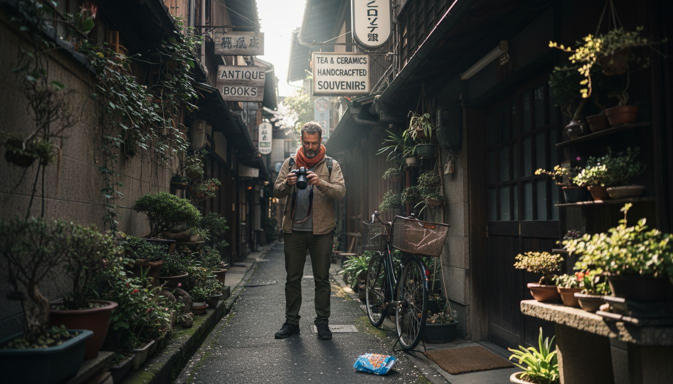 Man photographing light and shadows in Kyoto alley