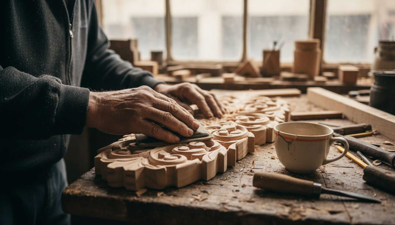Carpenter refining detailed wooden architectural panel
