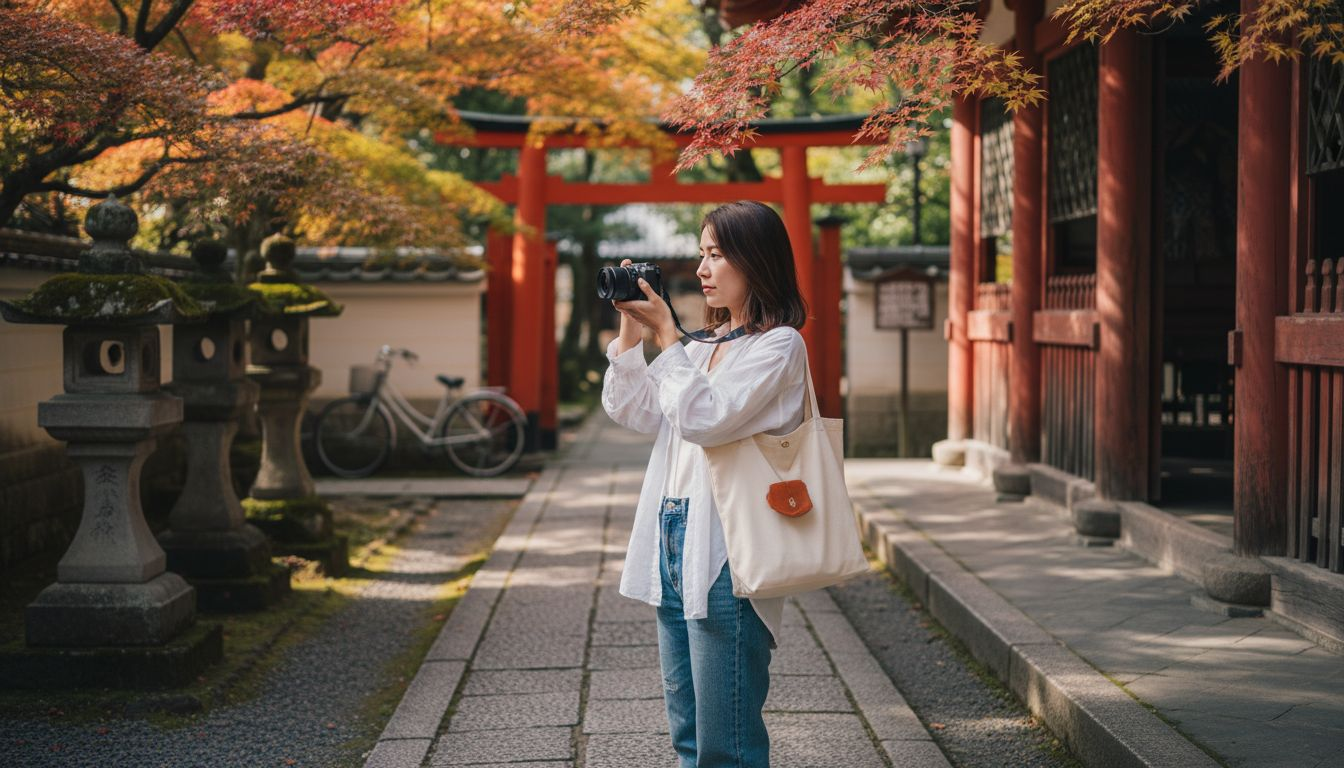 Tourist photographing colorful Japanese shrine details