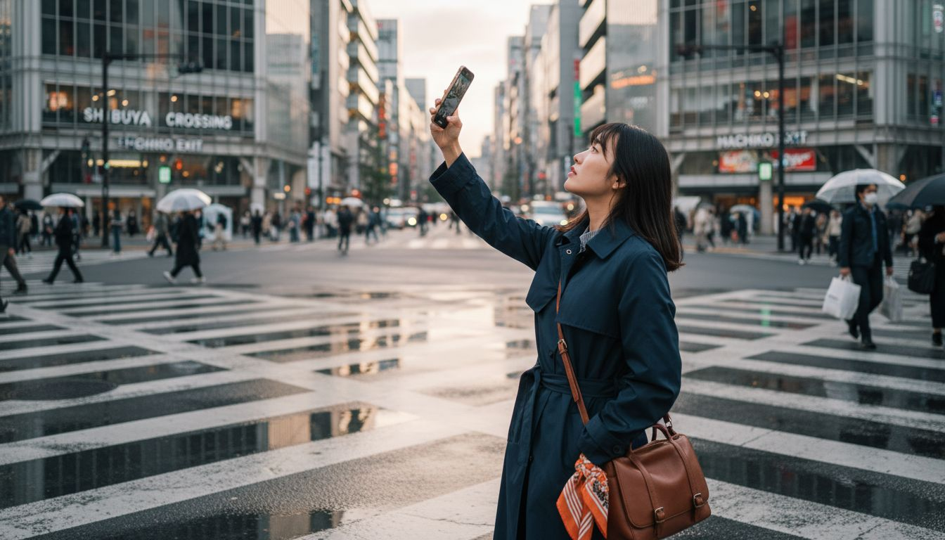 Woman photographing leading lines in Tokyo streetscape