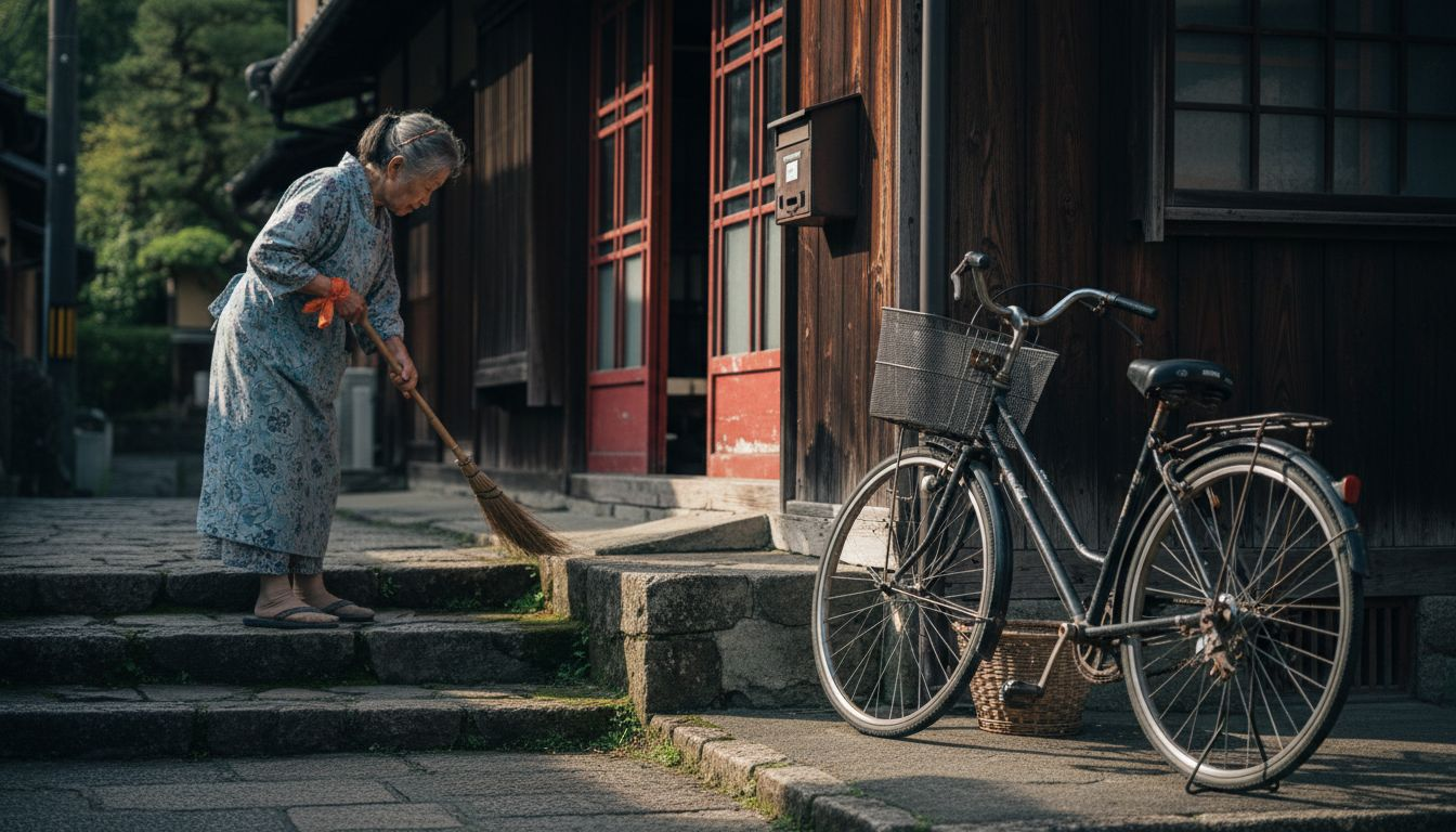 Elderly woman sweeps textured Kyoto steps