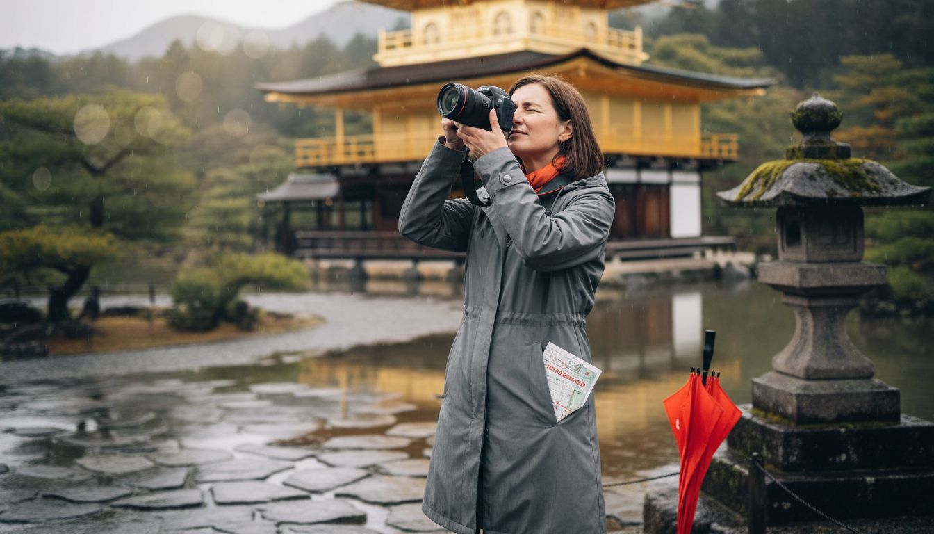 Woman photographing Kyoto’s Golden Pavilion details