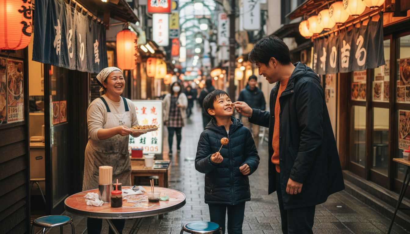 Father and son eating takoyaki in Osaka alley