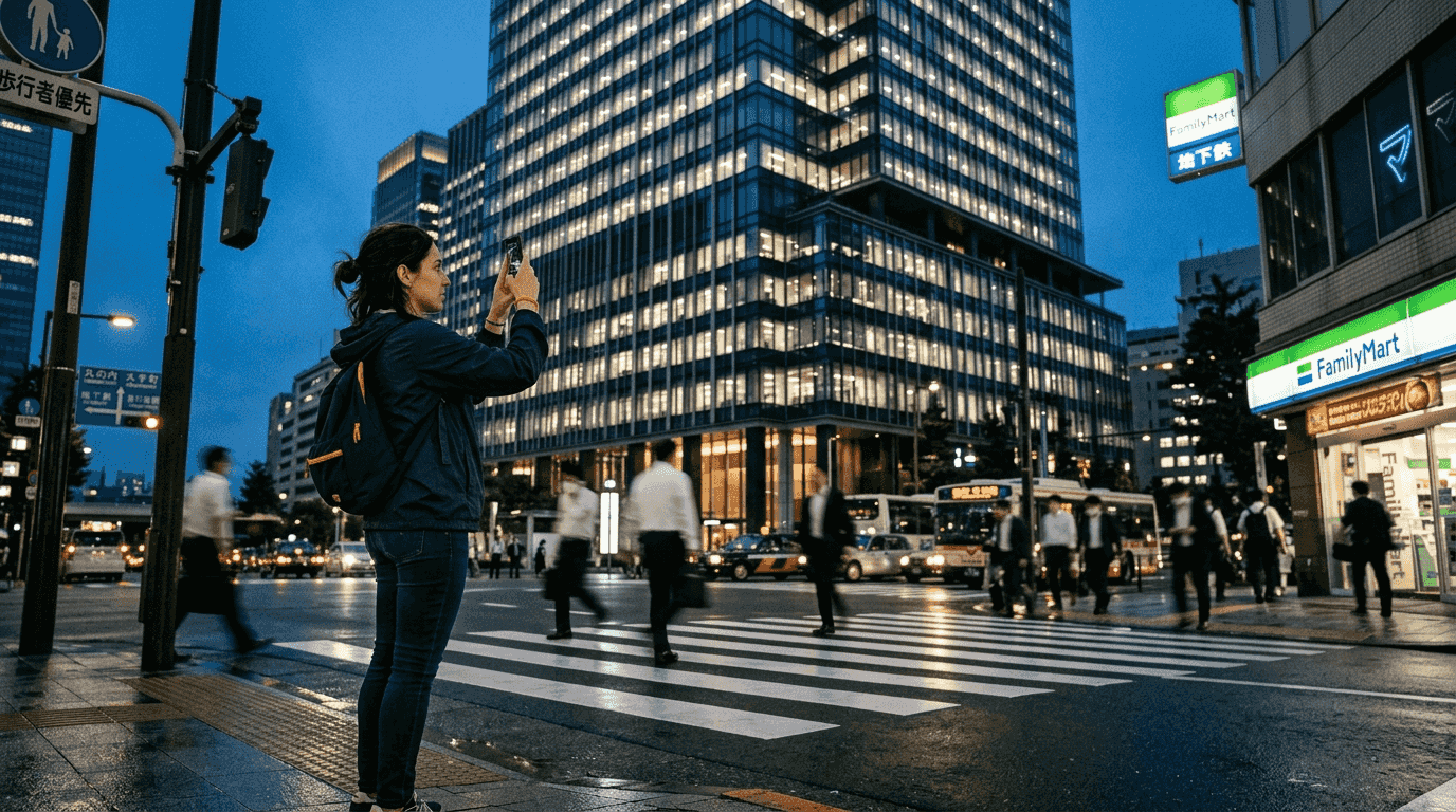 Tourist photographing repeating building patterns Tokyo