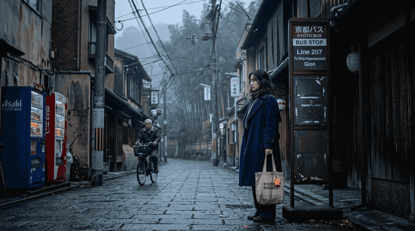 Woman at Kyoto alley bus stop in morning fog
