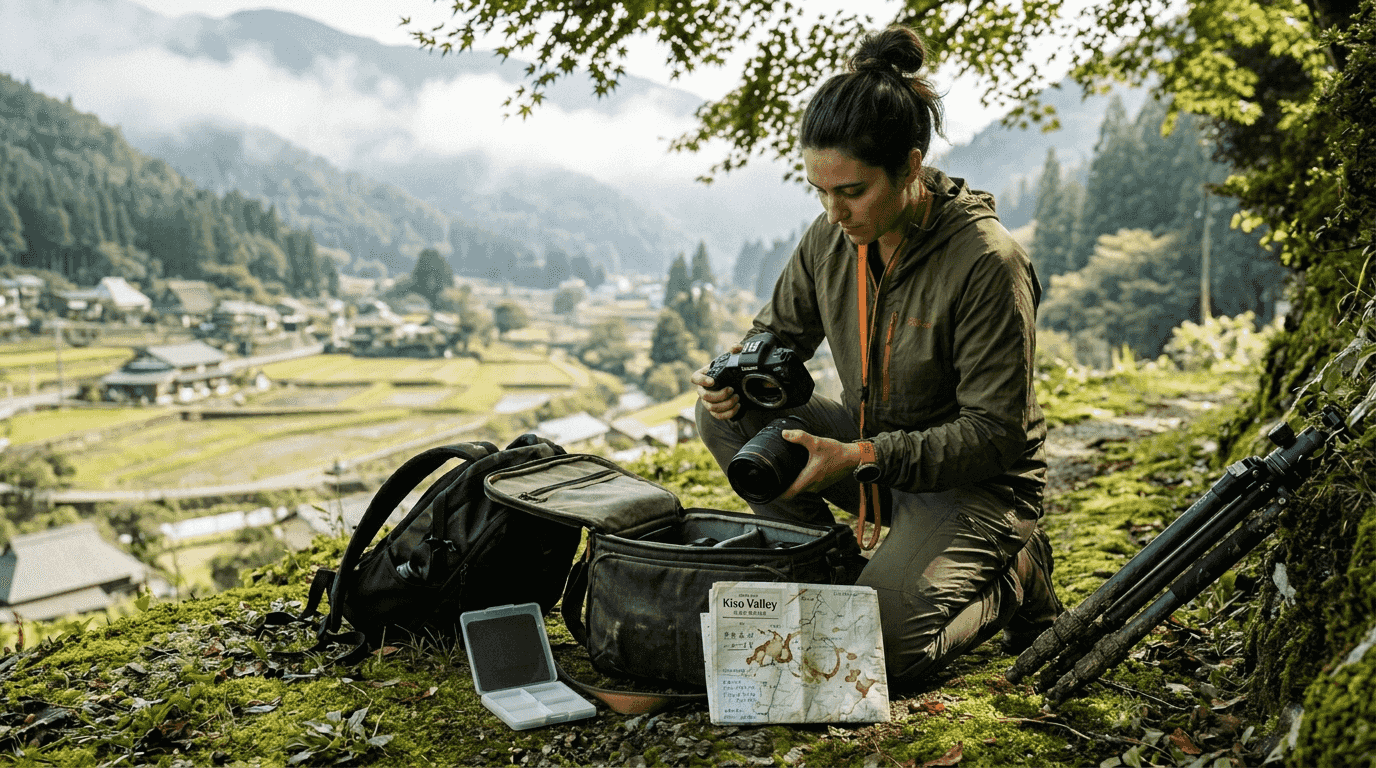 Photographer changing lens with gear outdoors