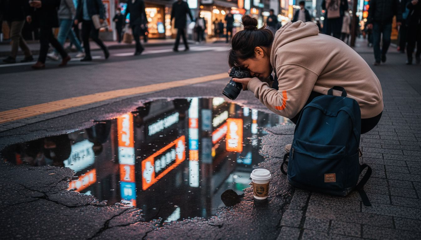 Tokyo city lights reflected in puddle photo