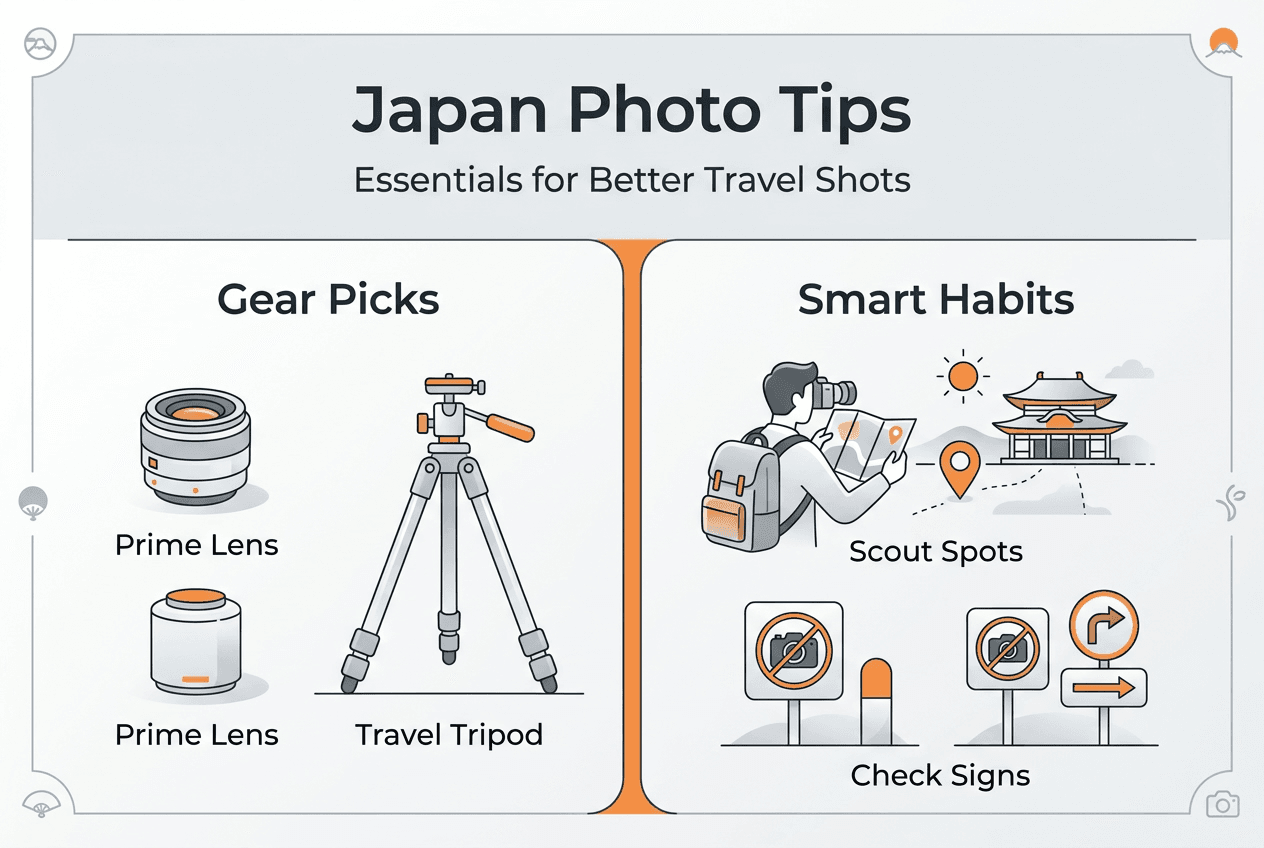 Infographic with gear and travel photo tips