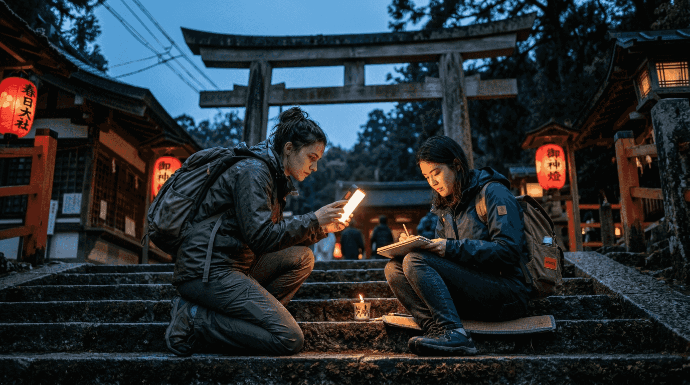 Shrine steps with friends using LED lighting