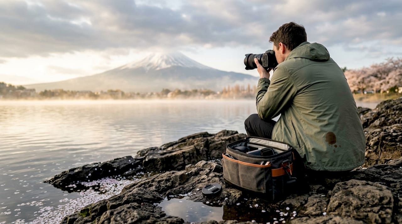 Traveler photographing Mount Fuji from lakeside